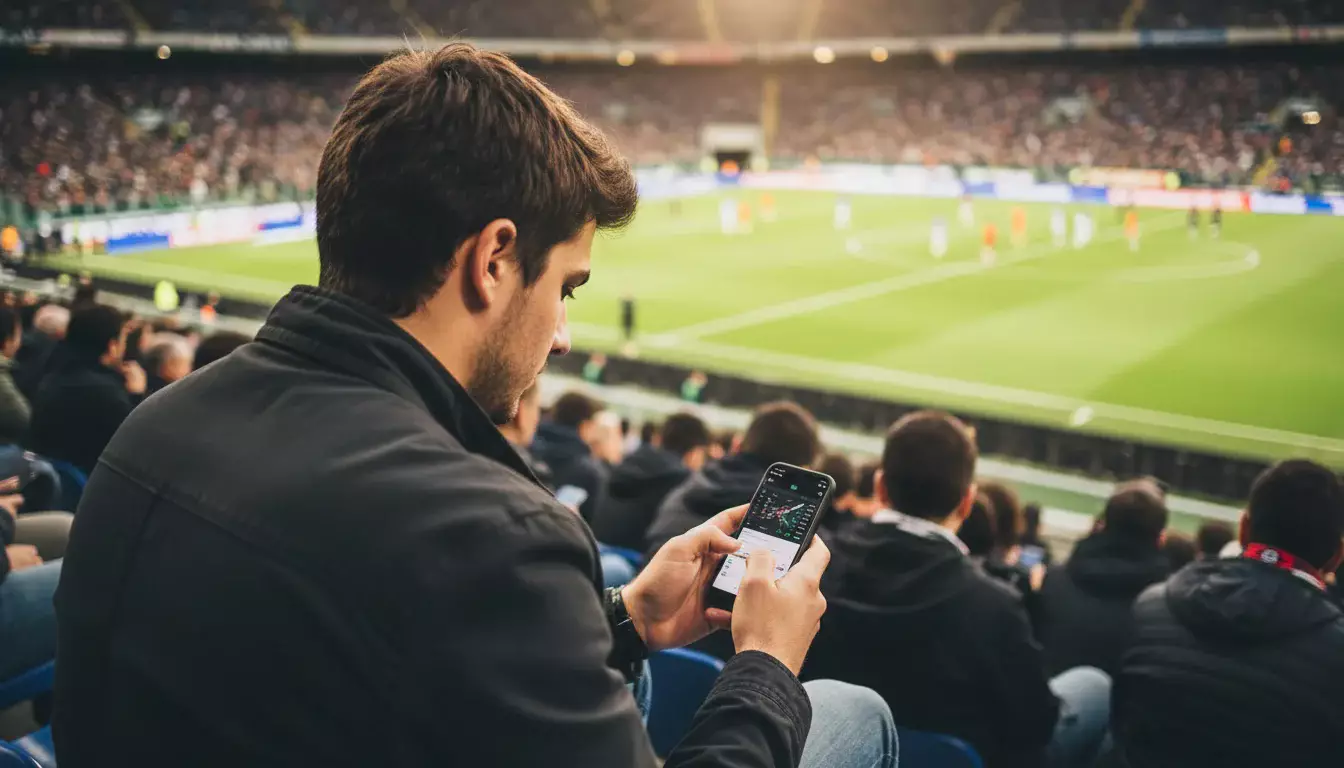 Bet builder scommesse calcio: tifoso che guarda una partita di calcio allo stadio con smartphone in mano