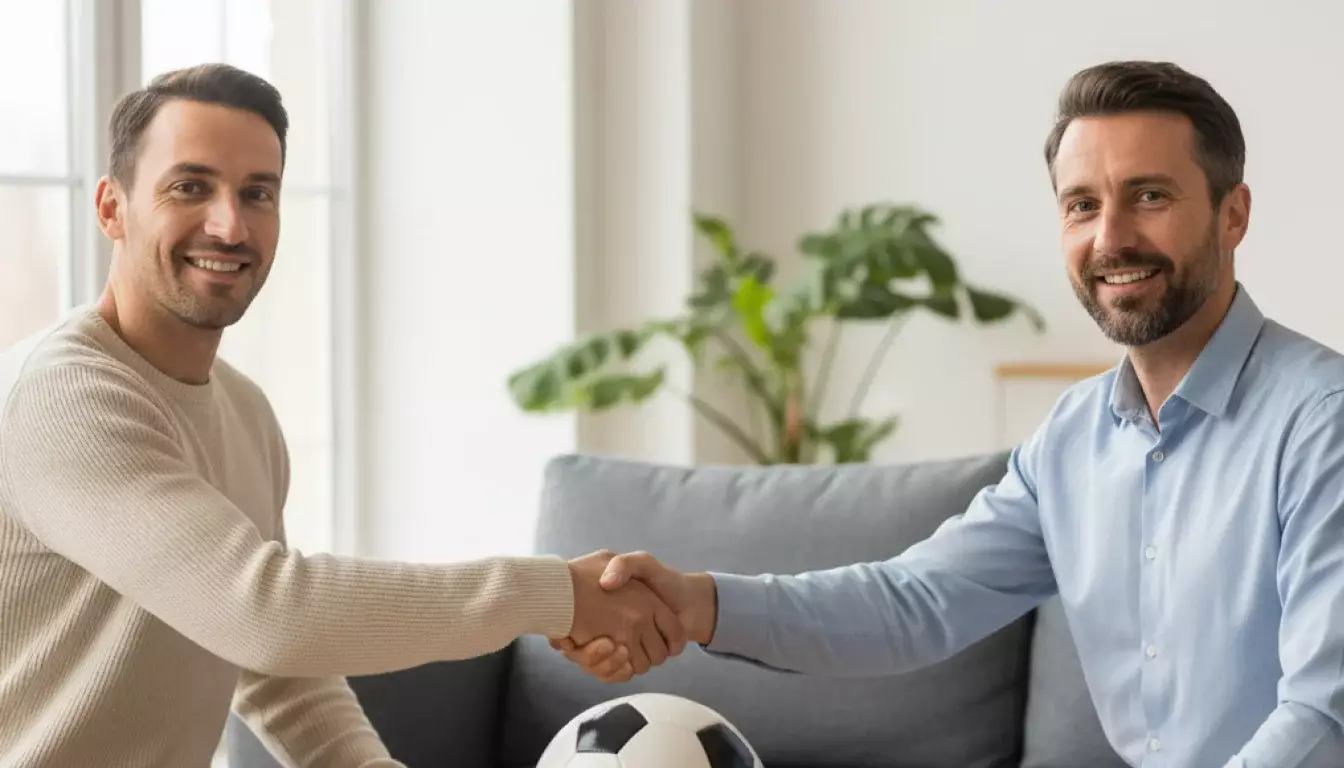 Betting exchange calcio: due persone si stringono la mano sopra un campo da calcio, simbolo di scommessa tra pari