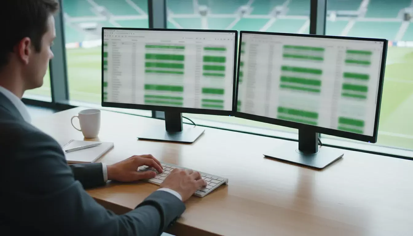 Comparazione quote calcio: persona seduta alla scrivania che confronta dati su due schermi con una partita di calcio sullo sfondo