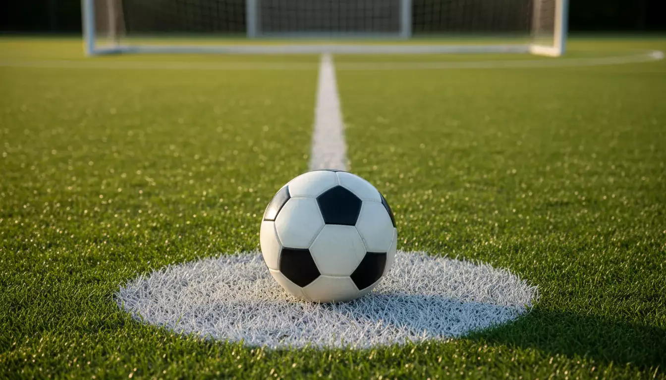 Handicap asiatico calcio: primo piano di un pallone da calcio sulla linea bianca del campo verde