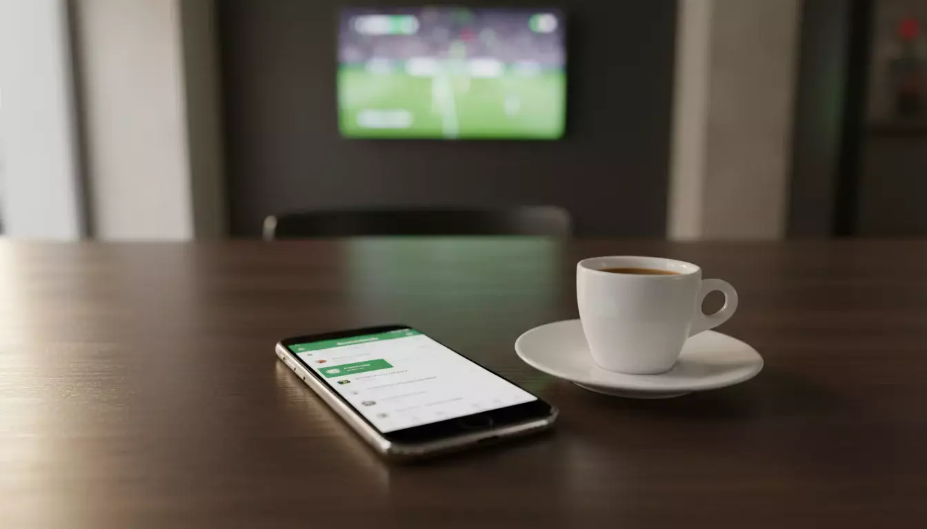 App scommesse calcio: smartphone appoggiato su un tavolo con una partita di calcio sullo sfondo