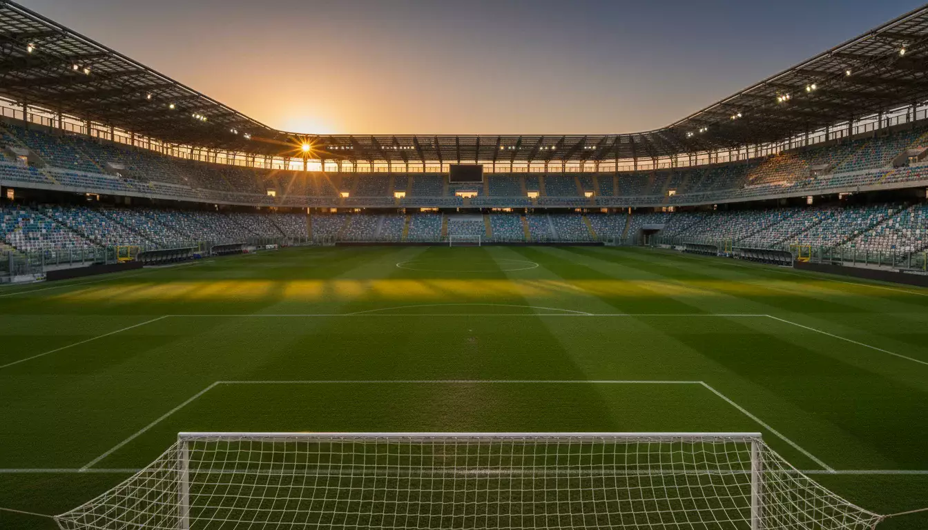 Stadio di calcio illuminato di sera con campo verde e tribune — guida ai migliori siti scommesse calcio in Italia