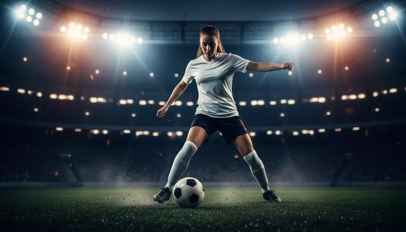 Scommesse calcio femminile: calciatrice in azione su un campo da calcio in erba sotto i riflettori