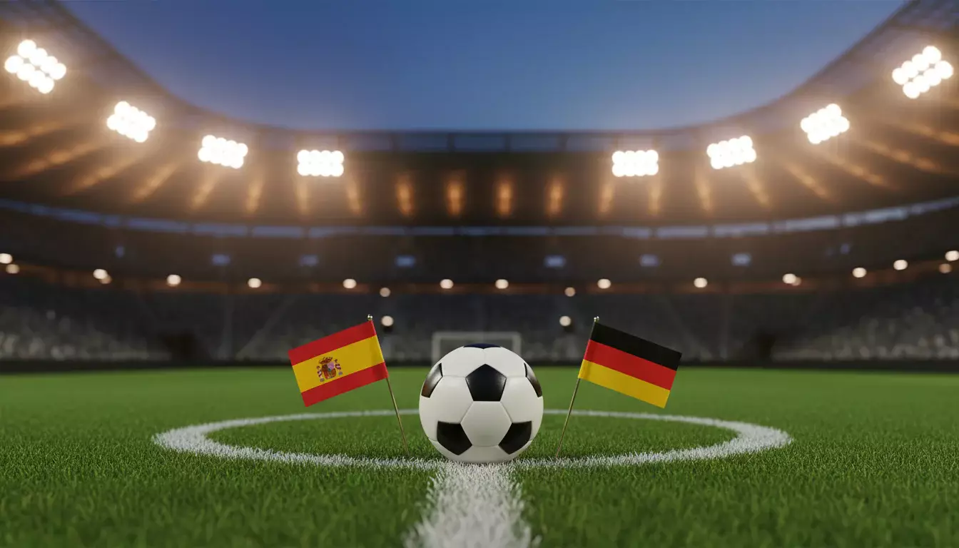 Scommesse Liga e Bundesliga: pallone da calcio su un campo in erba con bandiere spagnola e tedesca sullo sfondo