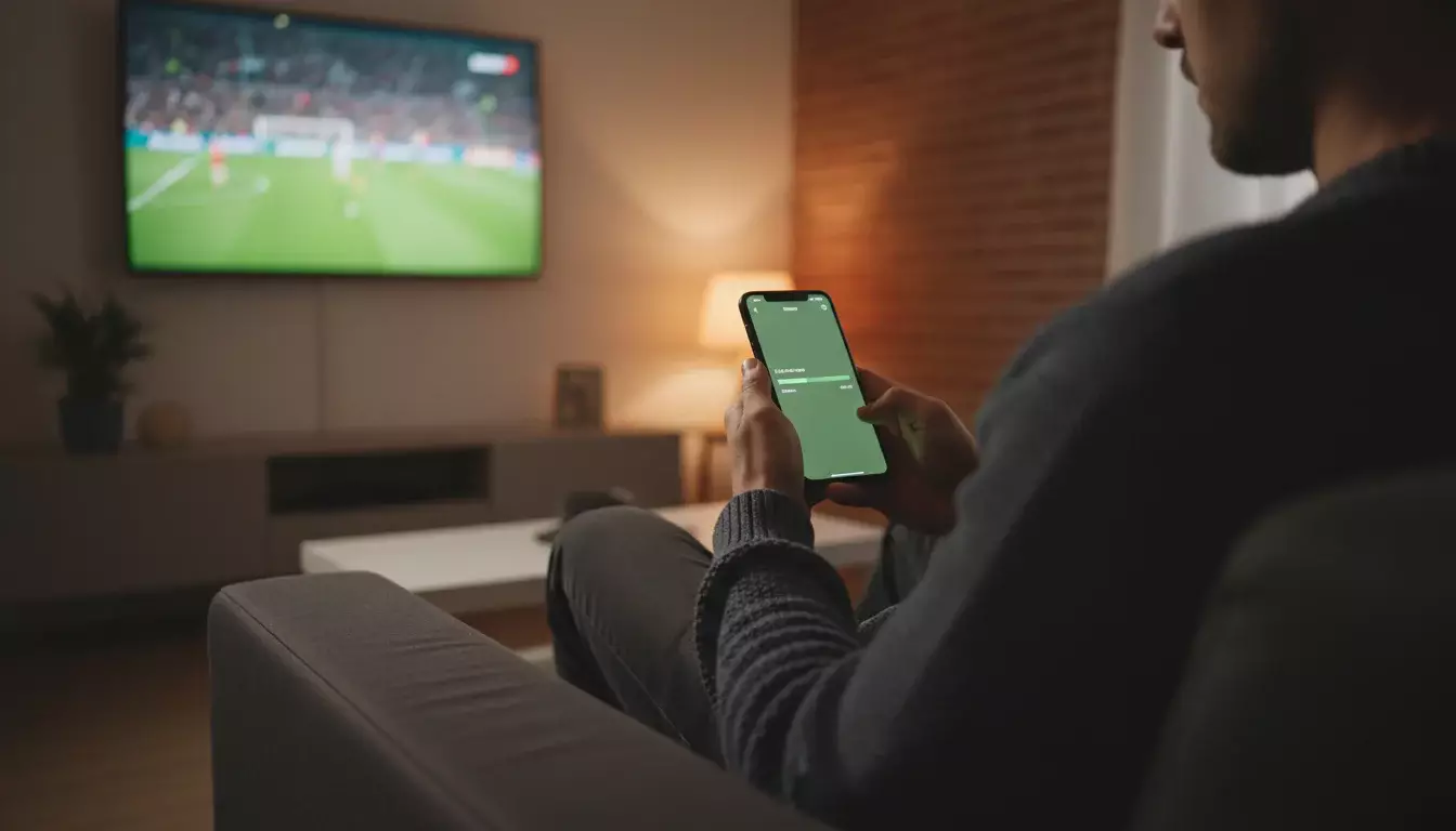 Persona che segue una partita di calcio in diretta su smartphone con app scommesse live