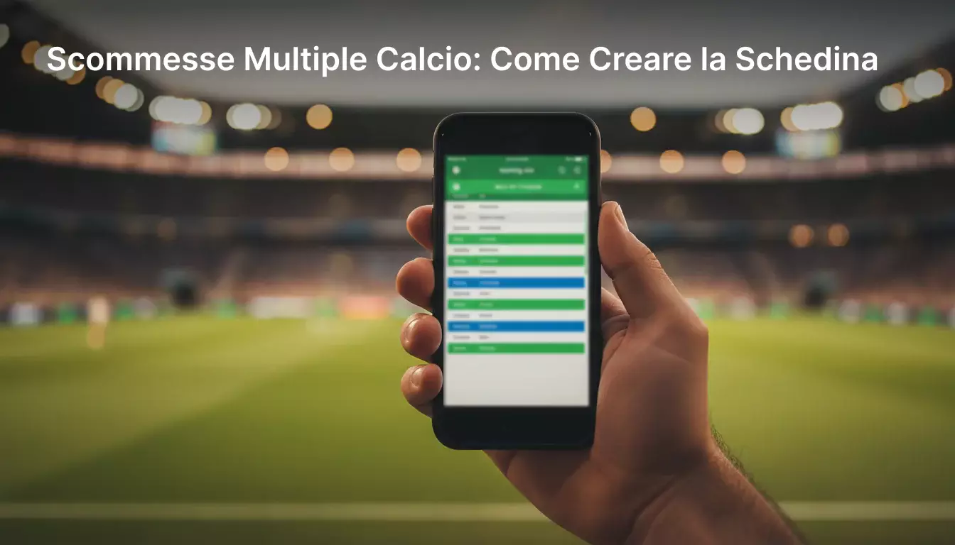 Scommesse multiple calcio: mano di un uomo che tiene uno smartphone con una schedina sullo sfondo di un campo da calcio